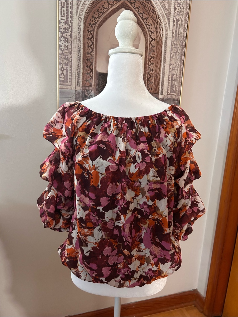 CeCe Floral Off-Shoulder Ruffle Sleeve Blouse - Burgundy, Pink, Rust